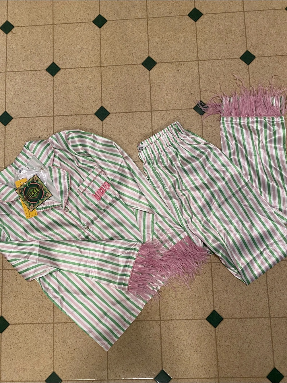 NWT WICKED Lola + The Boys Pink & Green Striped Feather-Trim Pajama Set SZ 12